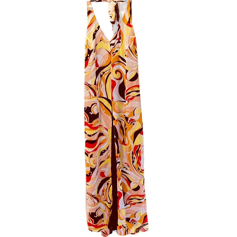 Metro Style Psychedelic Retro Print Flyaway Halter Jumpsuit S/M